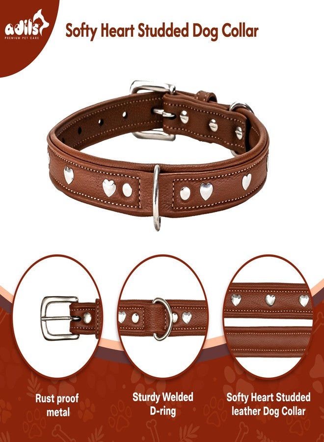 ADIL'S Adil’S Genuine Leather Heart Studded Dog Collar 1in Width, Neck Size: 12" to 26", Chestnut Leather Dog Collar with Soft Padding, Sturdy & Strong D-Ring for leashes & ID Card. - Image 3